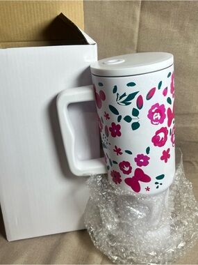 White Travel Mug with Pink Floral Pattern